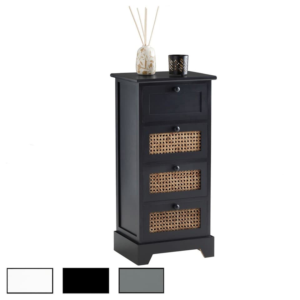 Chiffonnier commode rangement 4 tiroirs en bois de paulownia et rotin