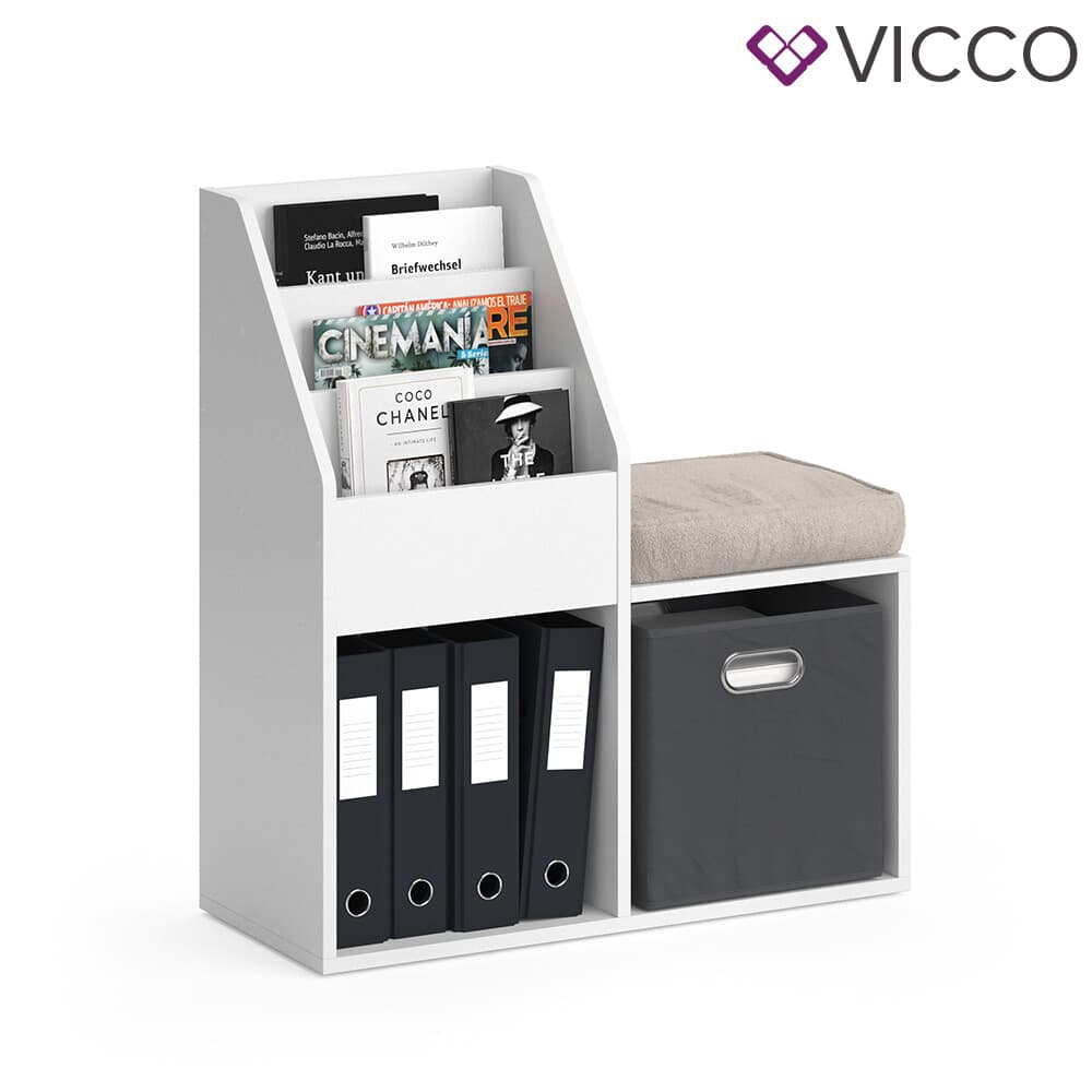 Bibliothèque Vicco Luigi blanche avec banc, étagère à dossiers, étagère sur pied