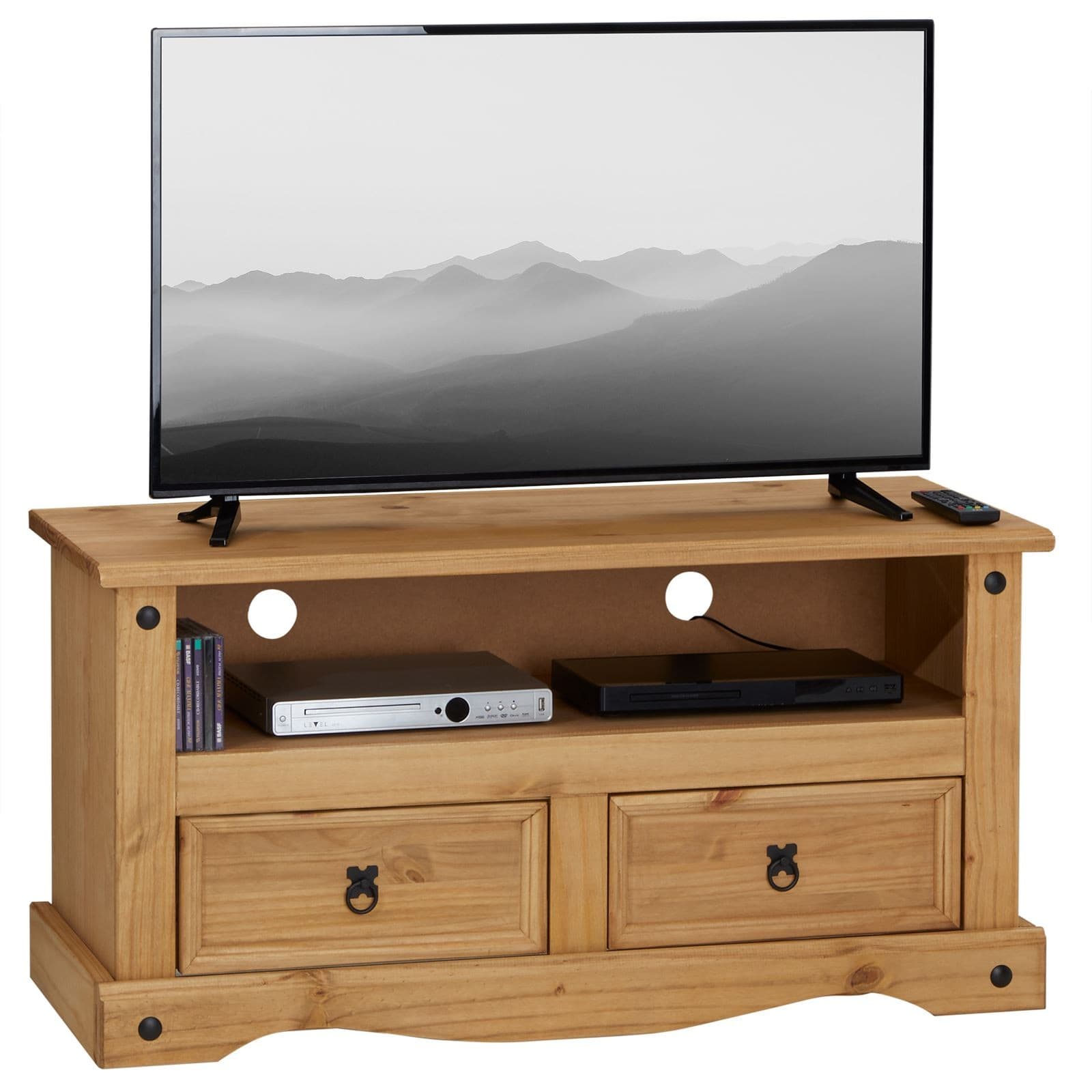 Meuble banc TV style mexicain 2 tiroirs 1 niche pin massif finition teinté/ciré