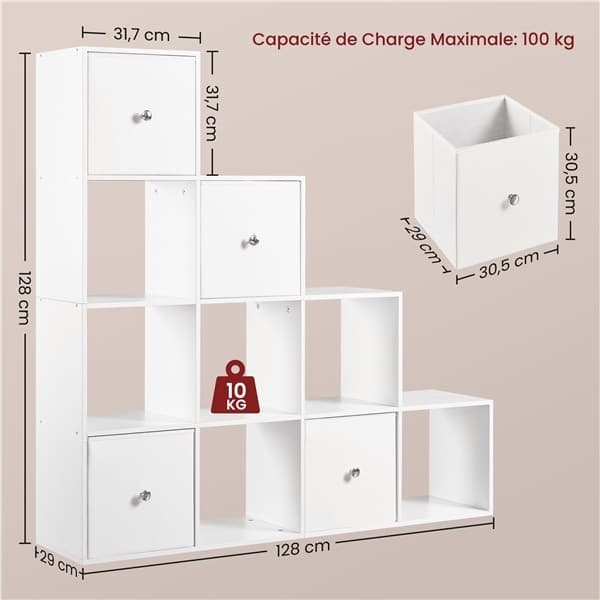 Bibliothèque 10 Cubes avec 4 Paniers de Rangement pour 120–200 Livres Blanc