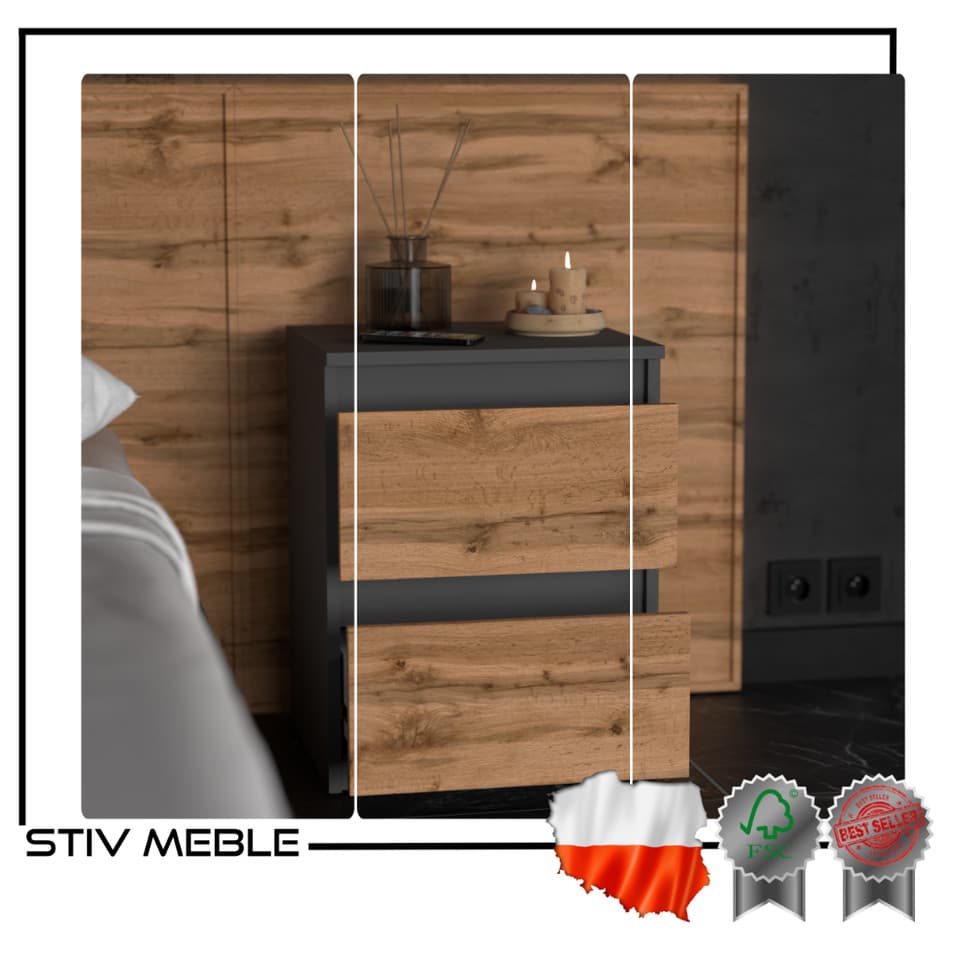 Table de chevet Wotan Loft 40 cm en chêne gris mat, grande table de chevet pour