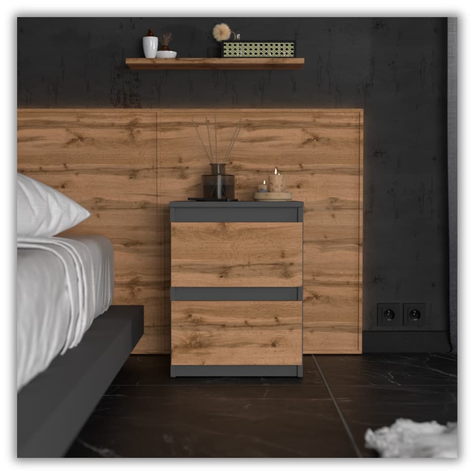 Table de chevet Wotan Loft 40 cm en chêne gris mat, grande table de chevet pour
