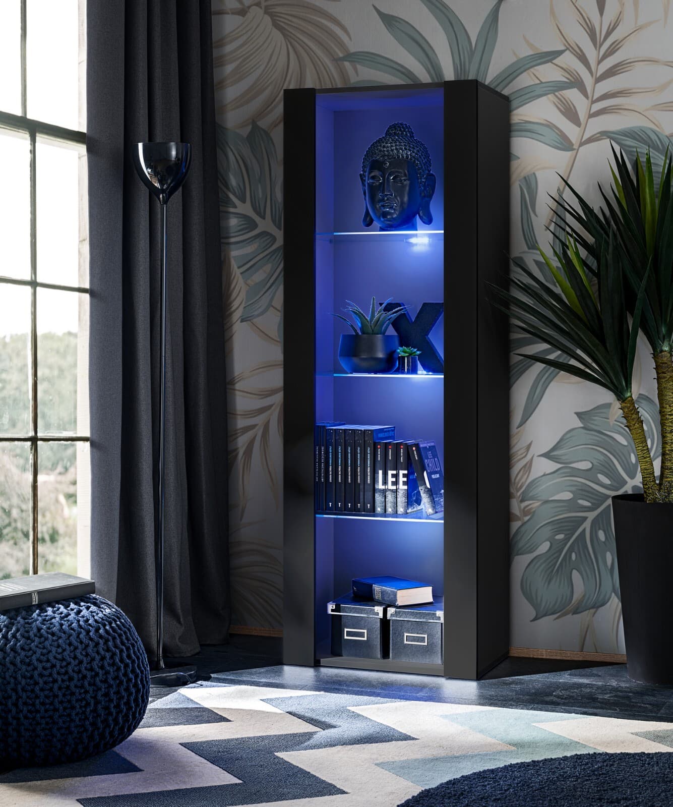 NOUVEAU komodee Tivoli Vitrine, Blanc Noir Chêne Bois, Étagères en verre, LED