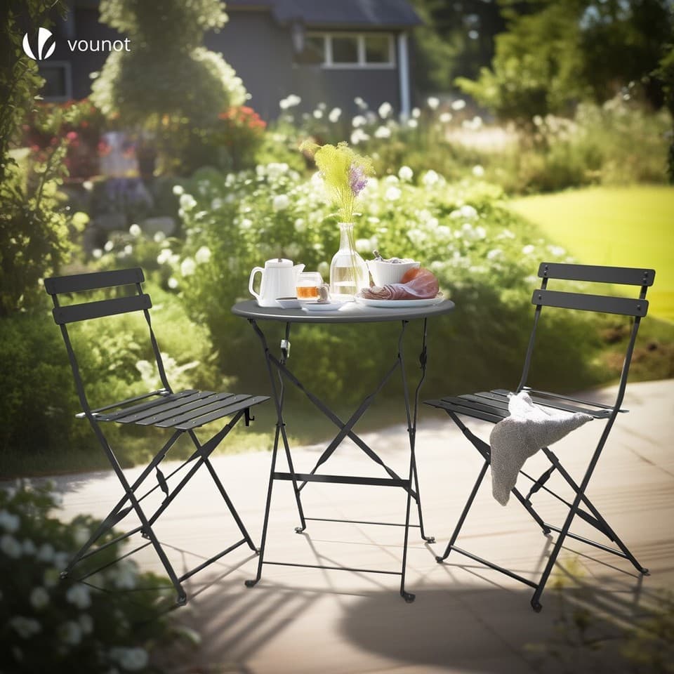 Vounot - Ensemble bistro extérieur 1 table 2 chaises acier gris