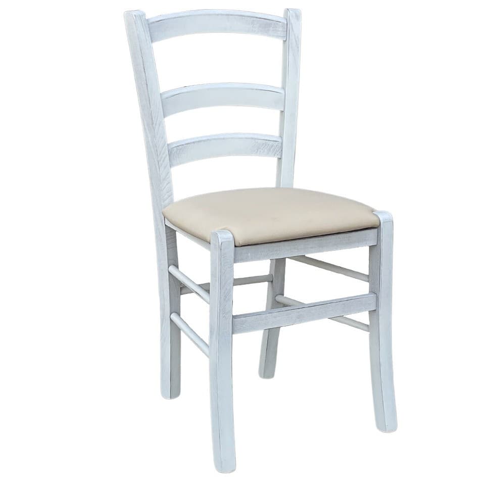 Chaise en Bois Venezia Anticata Blanche, Similicuir Crème
