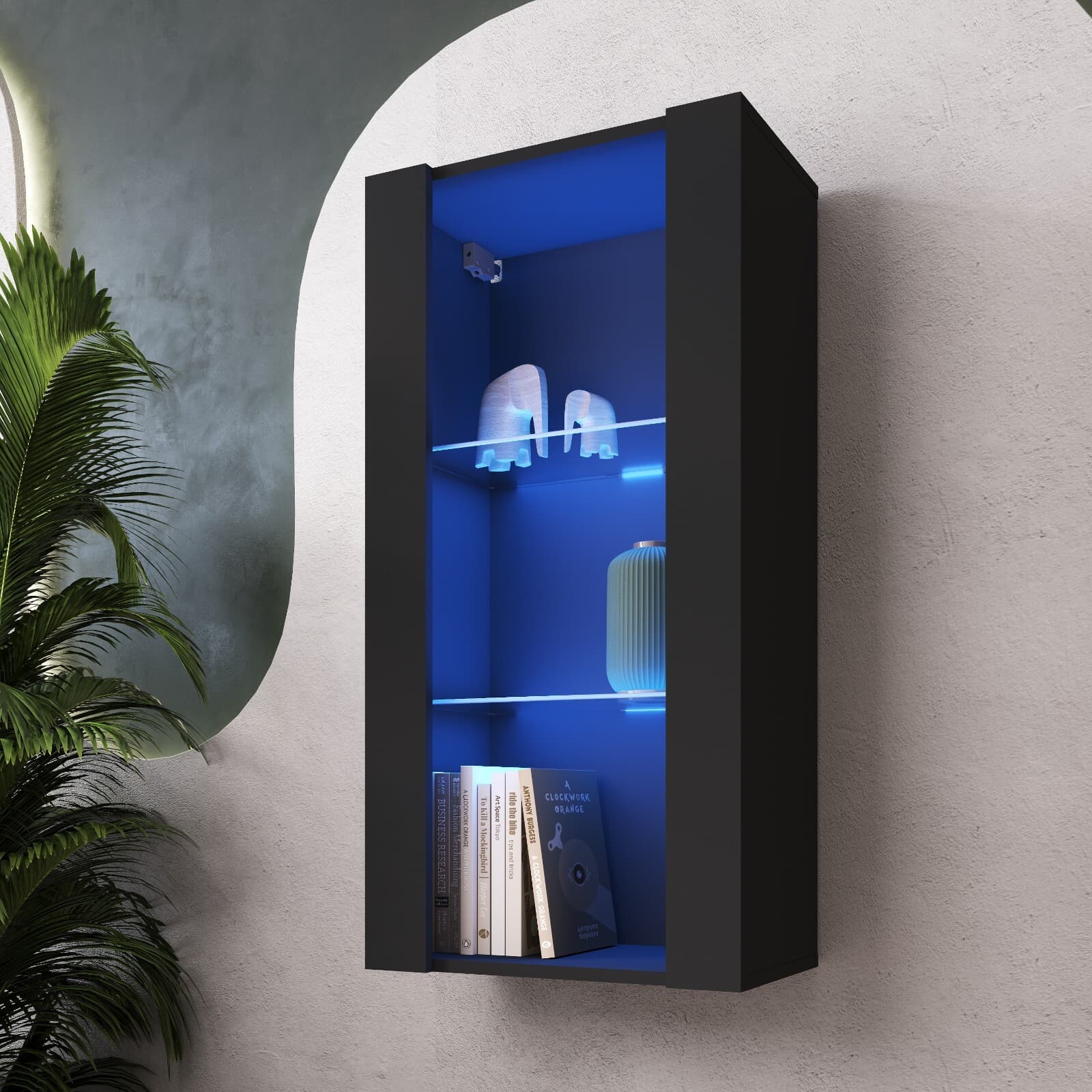 NOUVEAU komodee Vitrine Suspendue Tivoli 100, Noir Blanc Chêne Wotan, LED Option