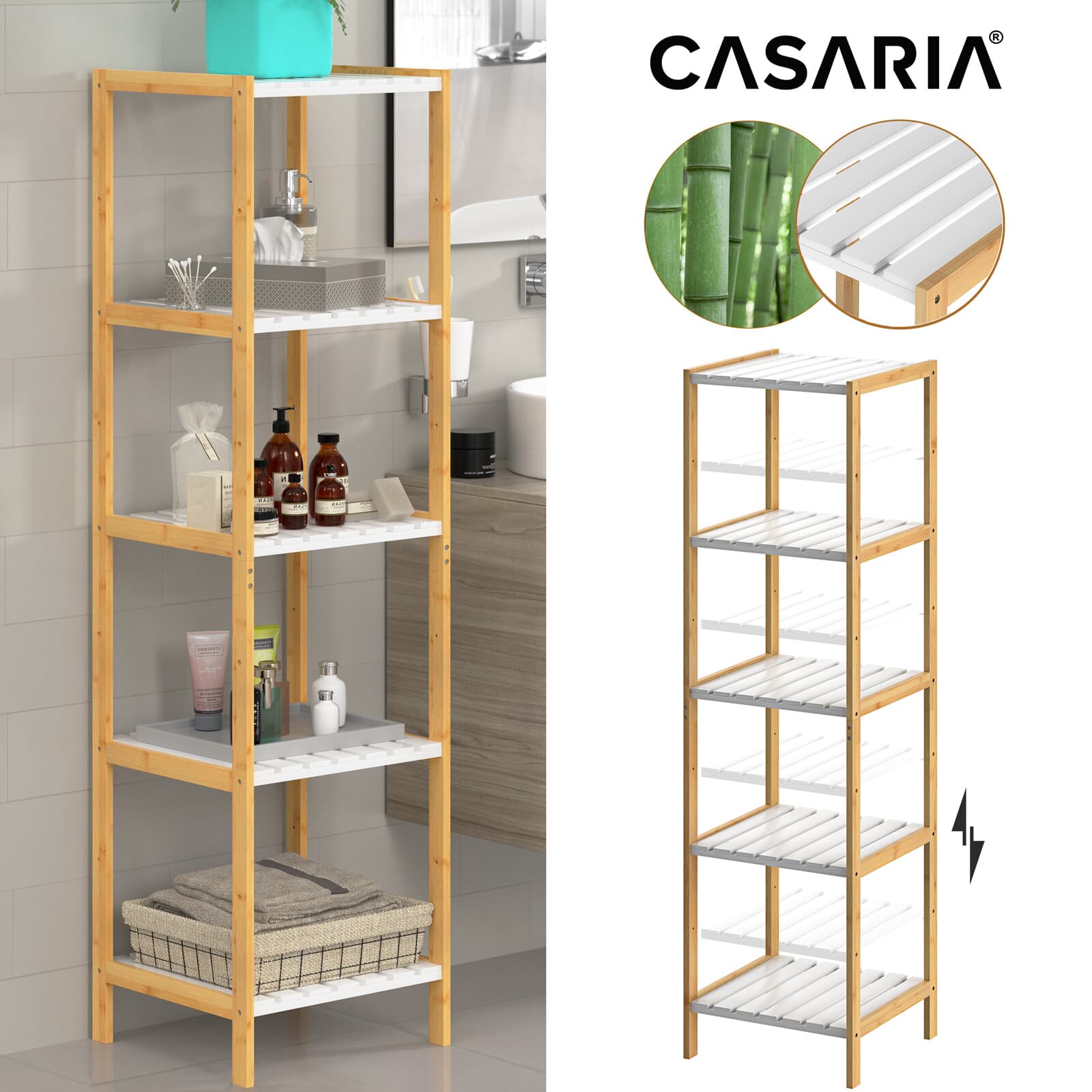 Étagère en bambou Meuble de rangement intérieur brun blanc 10 kg max. par niveau