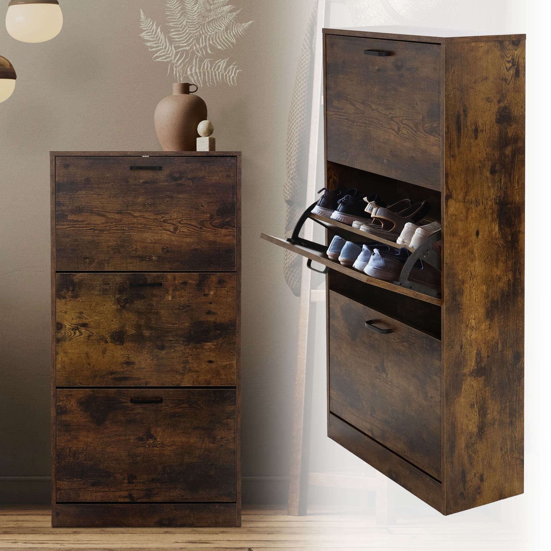 Étagère à chaussures boite 2/3 compartiments rabattablescommode marron au choix