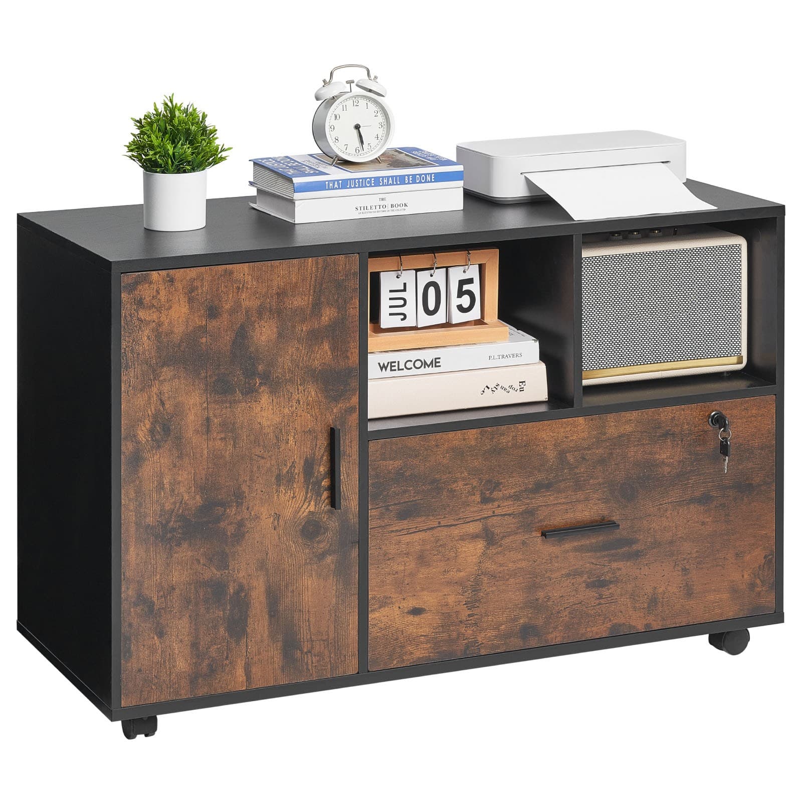VEVOR Meuble Classeur Mobile en Bois Verrouillable avec Étagères Ouvertes Marron