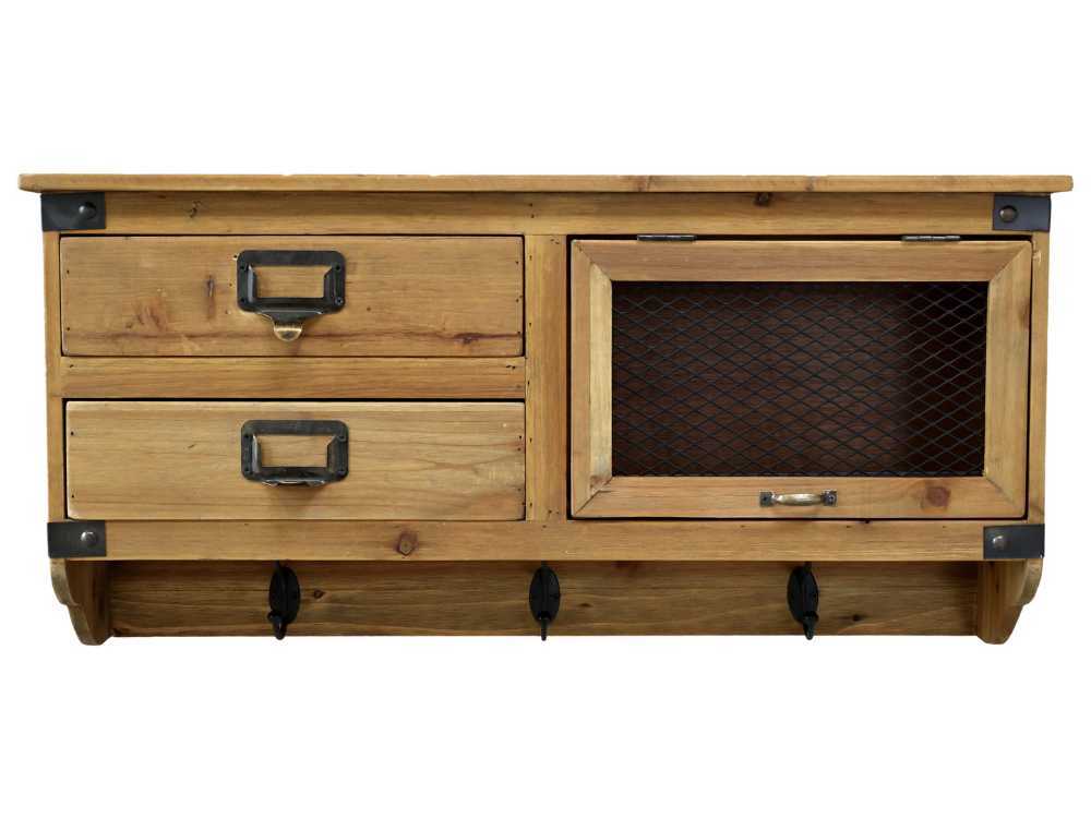 Chic Antique Étagère Avec 2 Tiroirs Et 3 Crochets 70x34 Cm