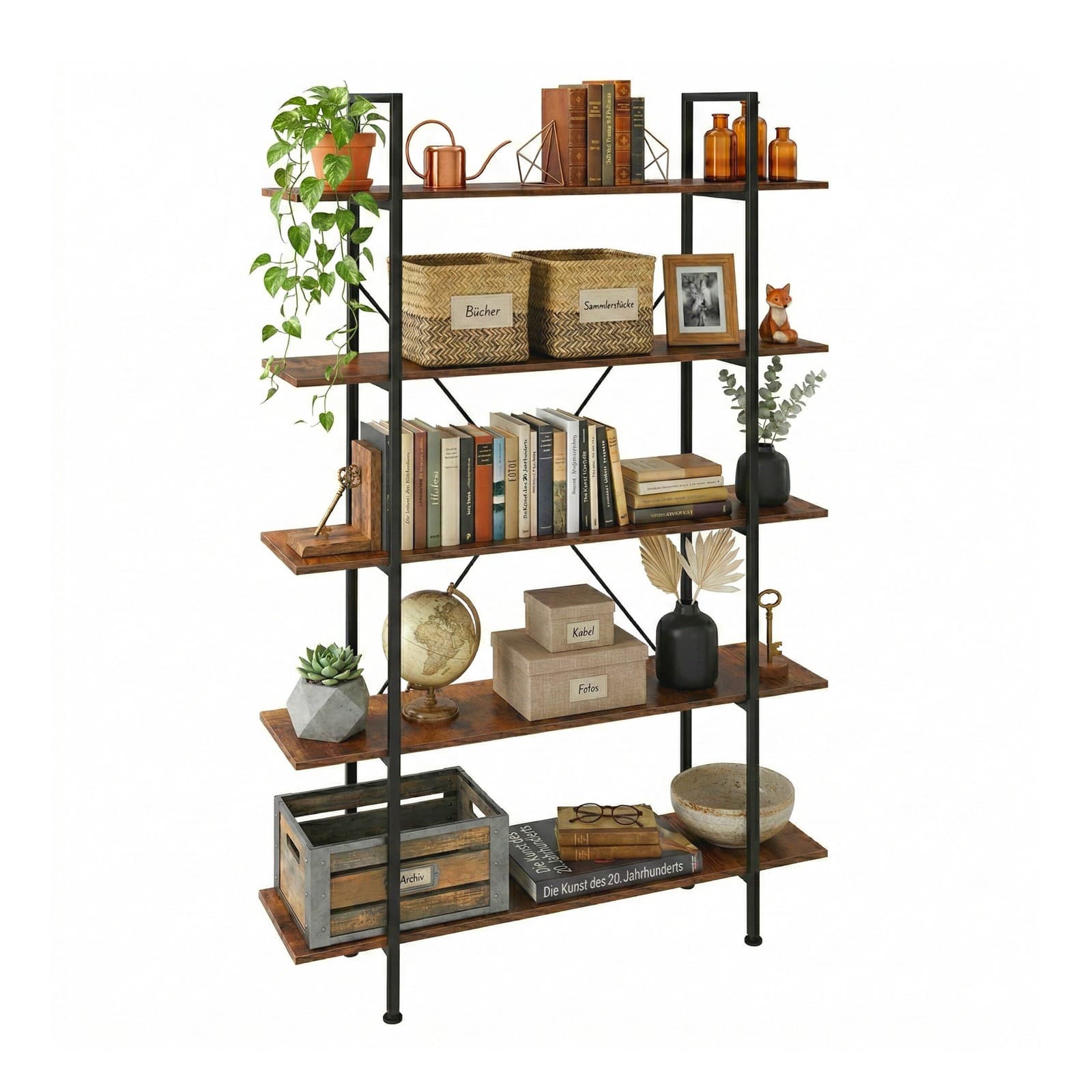 Bibliothèque industrielle étagère universelle porte-dossiers vintage 5 tablettes