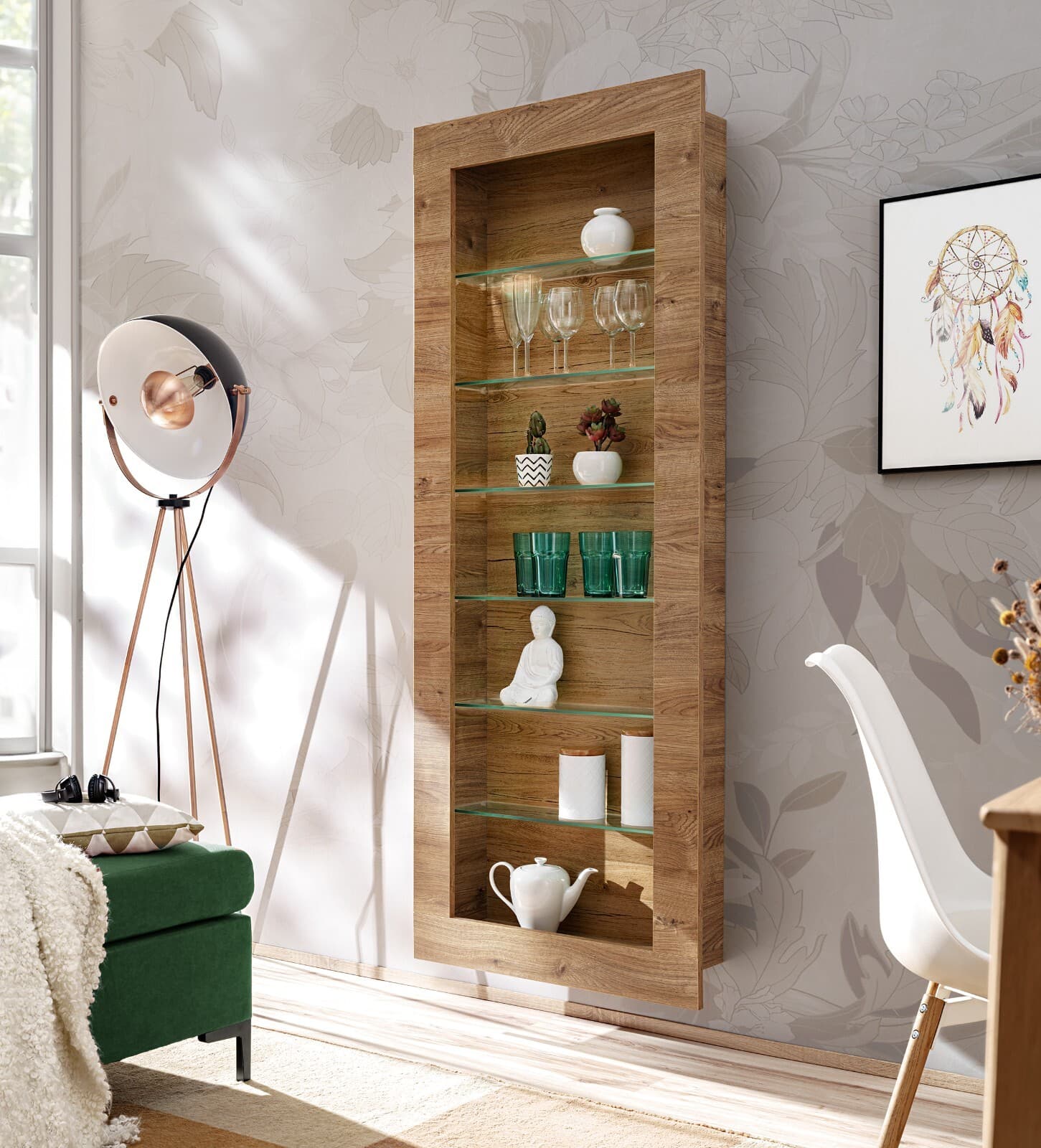 NOUVEAU komodee COMO Vitrine Suspendue, Chêne, LED Porte Niches Étagères