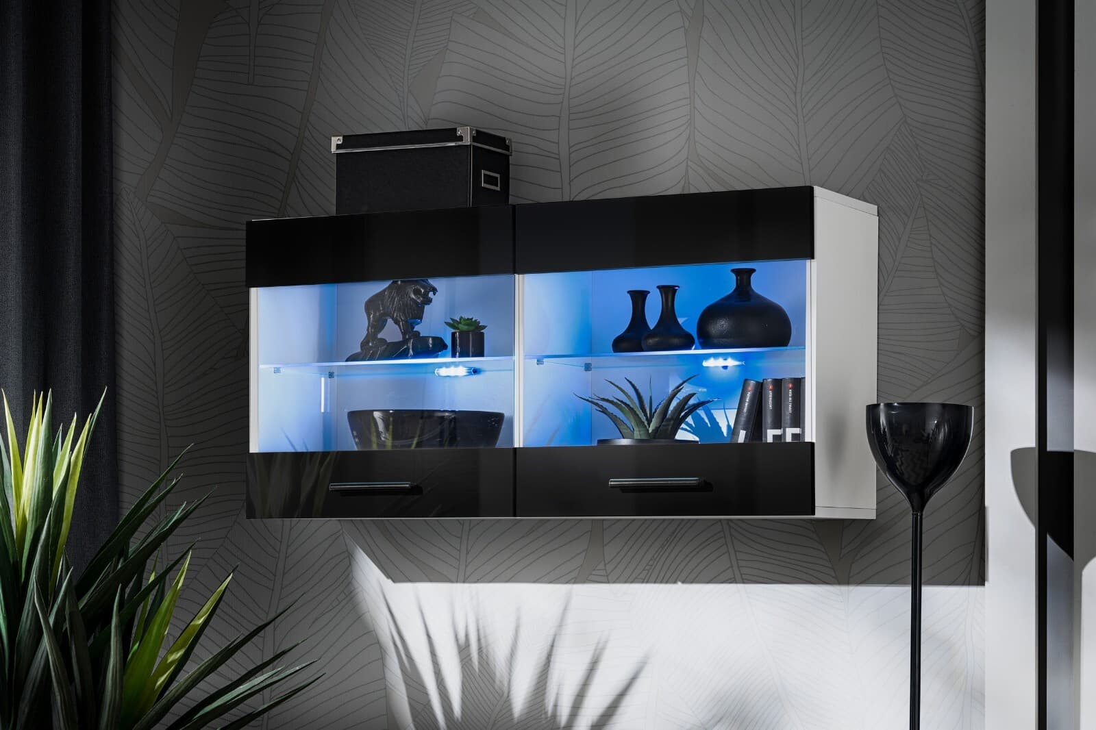 NOUVEAU komodee Savona Vitrine Armoire Mural, Blanc Noir Bois, LED