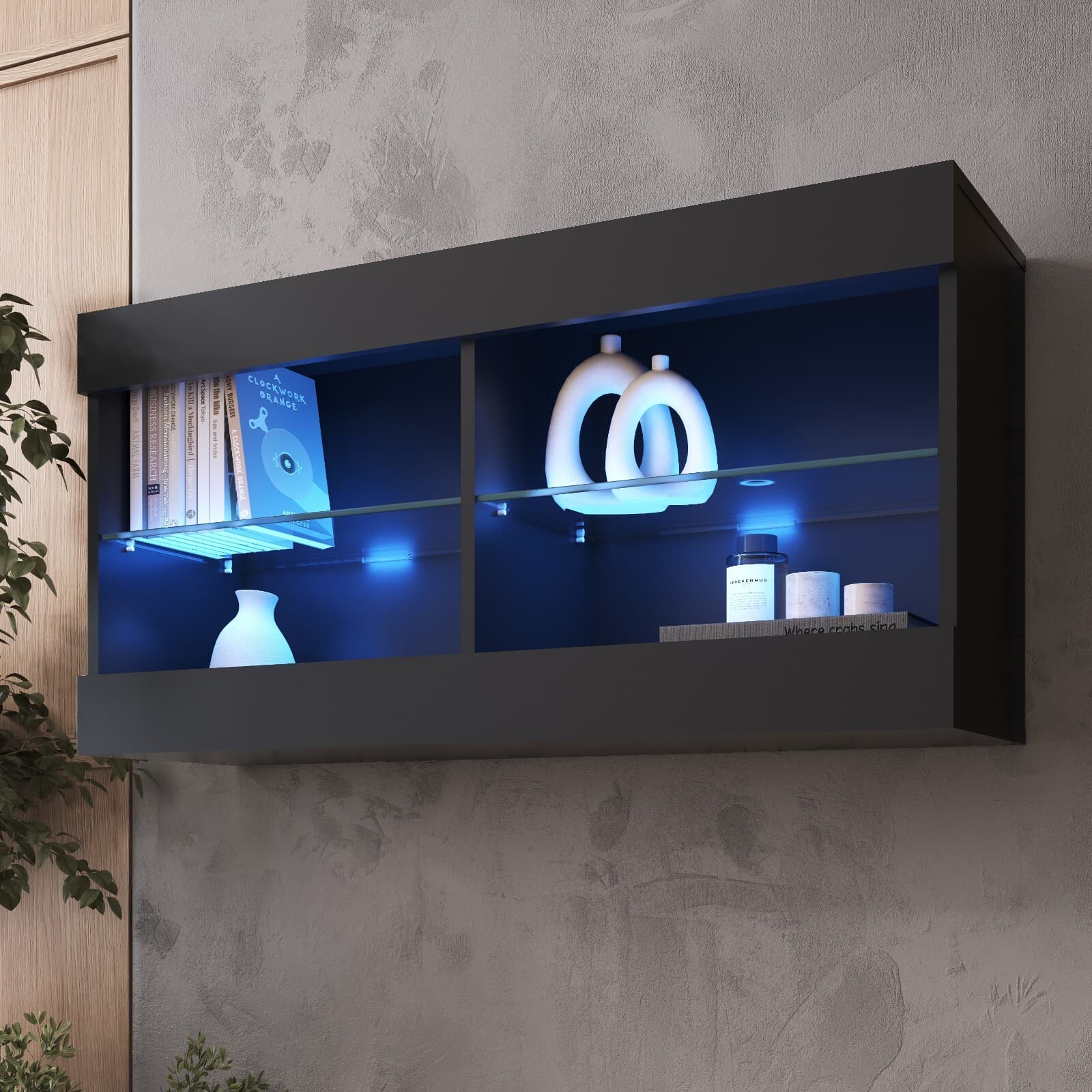 komodee Vitrine Suspendue Tivoli Horizontal 100, Noir Blanc Chêne, LED en option